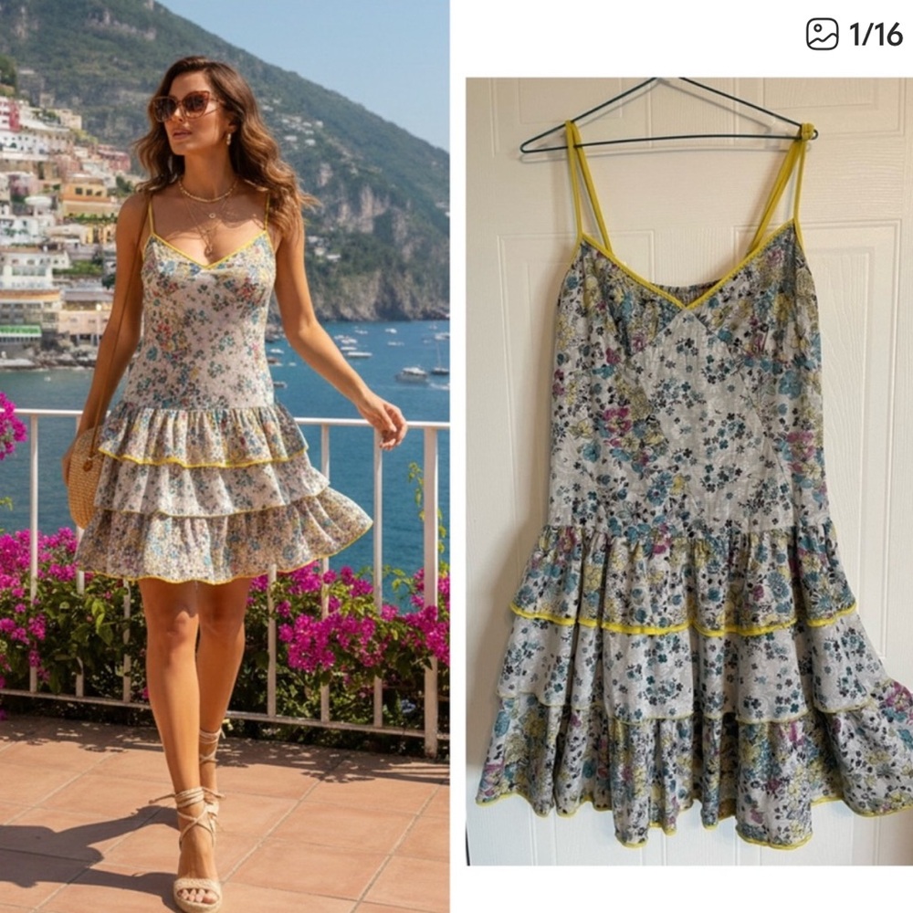 Yellow Floral Tiered Ruffle Dress 42/10 Mediterranean Dolce Vita Summer Mini EUC